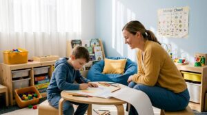 Child therapist and young boy drawing in playroom