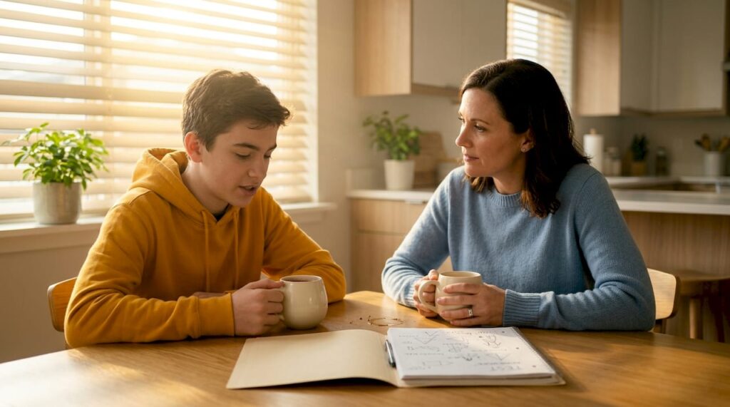 Teen and parent discussing emotions at kitchen table