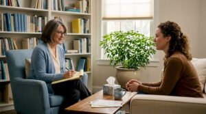 Therapist and client talking in home office
