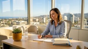 Therapist writing notes in city office