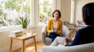 Therapist and client in sunny Oakland office