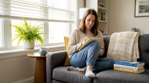 Woman journaling for trauma recovery at home