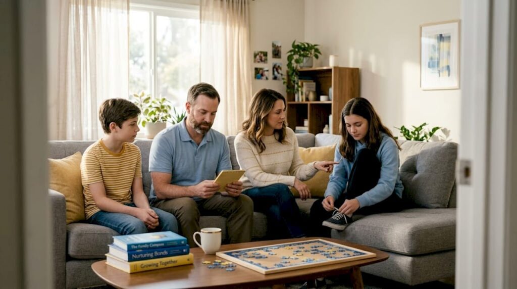 California family gathered for home therapy session