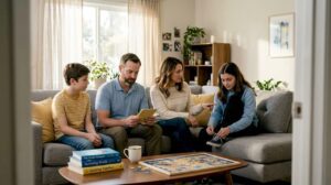 California family gathered for home therapy session