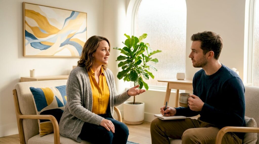 Therapist and client talking in sunlit office