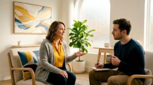 Therapist and client talking in sunlit office