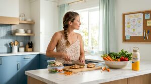 Woman prepping healthy meals in sunlit kitchen