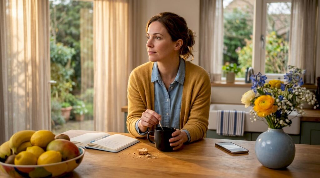 Woman quietly thinking at kitchen counter