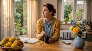 Woman quietly thinking at kitchen counter