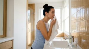 Woman patting face dry after cleansing