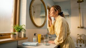 Woman applying moisturizer in sunlit bathroom