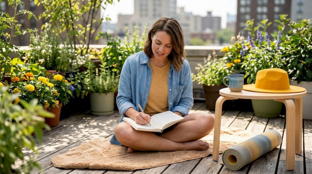 Woman journaling in sunlit, cozy living room