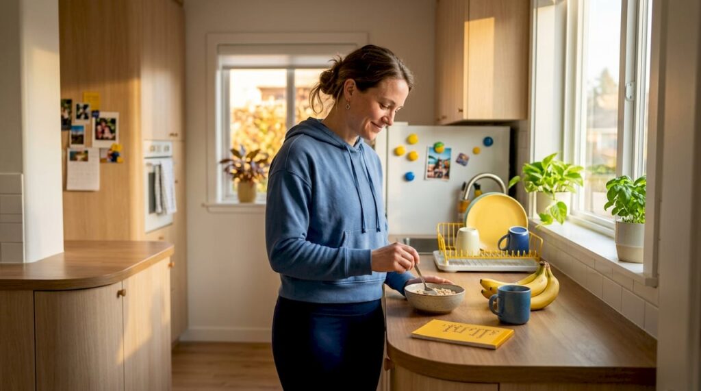 Woman preparing breakfast in sunlit kitchen