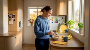 Woman preparing breakfast in sunlit kitchen
