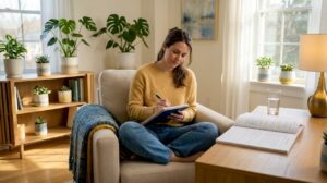 Woman journaling in bright, comfortable living room