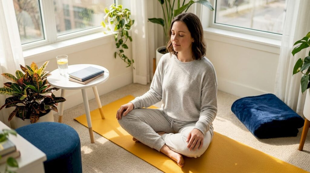 Woman practicing mindfulness in bright living room