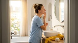 Woman applying skincare in realistic home bathroom