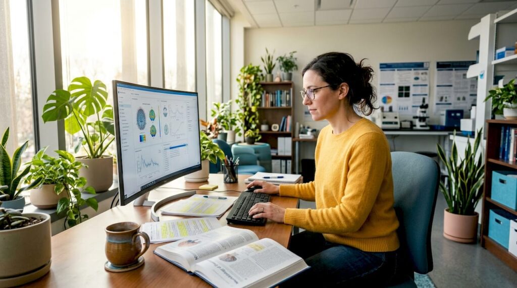 Neuroscientist analyzing data in lab workspace