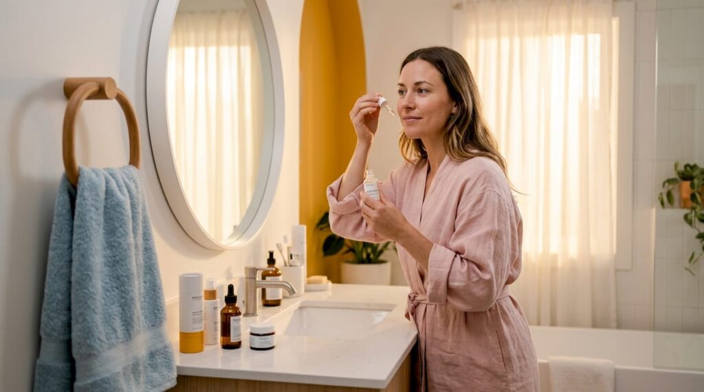 Woman applying peptide skincare serum in bathroom