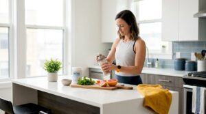 Woman preparing peptide supplement drink in kitchen