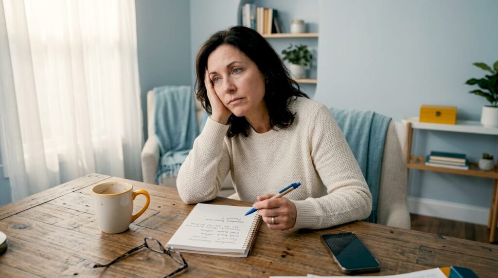 Woman showing signs of brain fog at desk