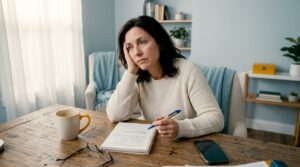 Woman showing signs of brain fog at desk