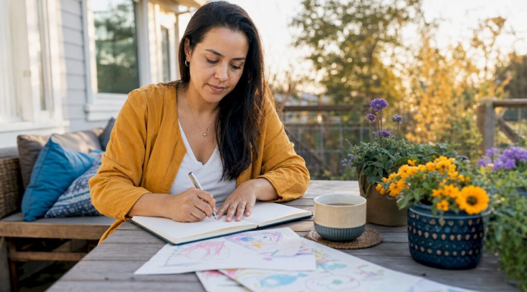 Mother journaling emotional regulation at kitchen table