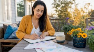 Mother journaling emotional regulation at kitchen table