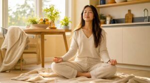 Woman meditating at home for anxiety relief