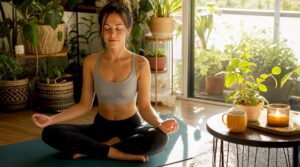 Woman meditating at home for grounding