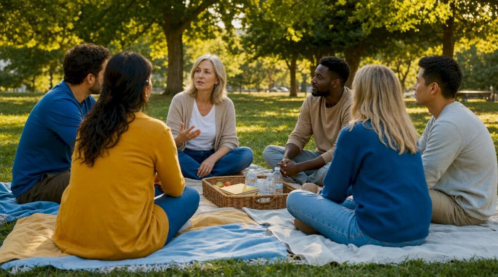Diverse group therapy session in cozy room