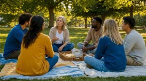 Diverse group therapy session in cozy room