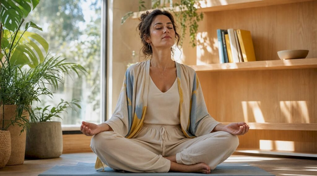 Young woman practicing mindfulness meditation at home