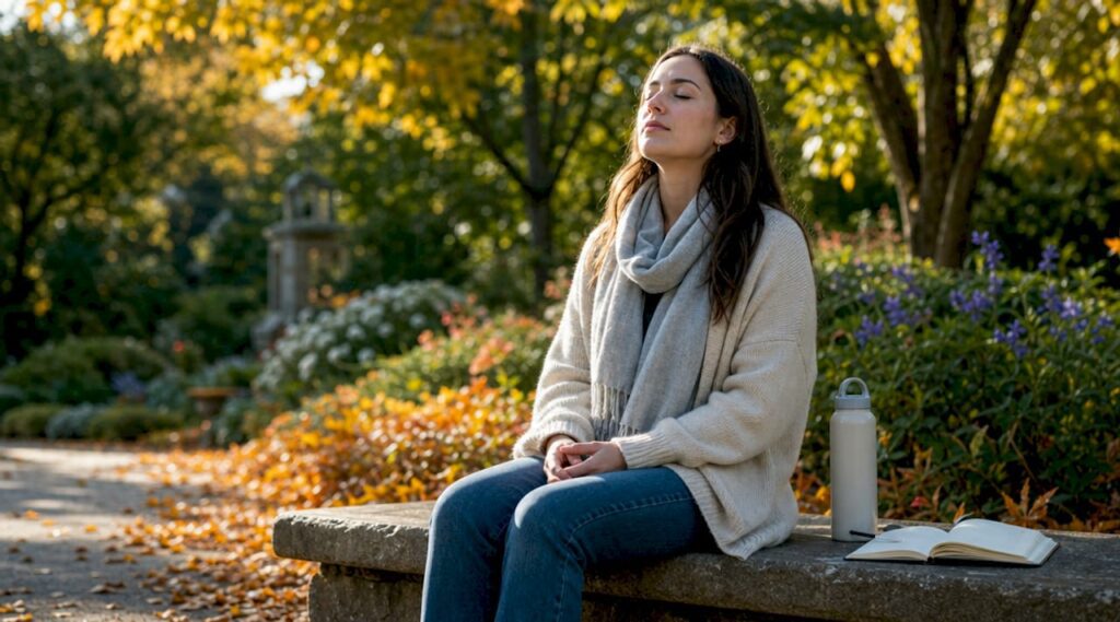 Young woman practicing deep breathing outdoors