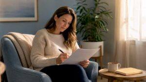 Therapist reviewing confidentiality document at desk