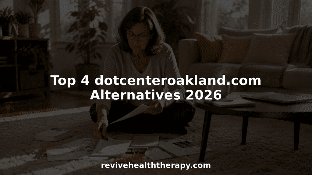 Woman reviewing therapy clinic brochures at home table