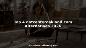 Woman reviewing therapy clinic brochures at home table