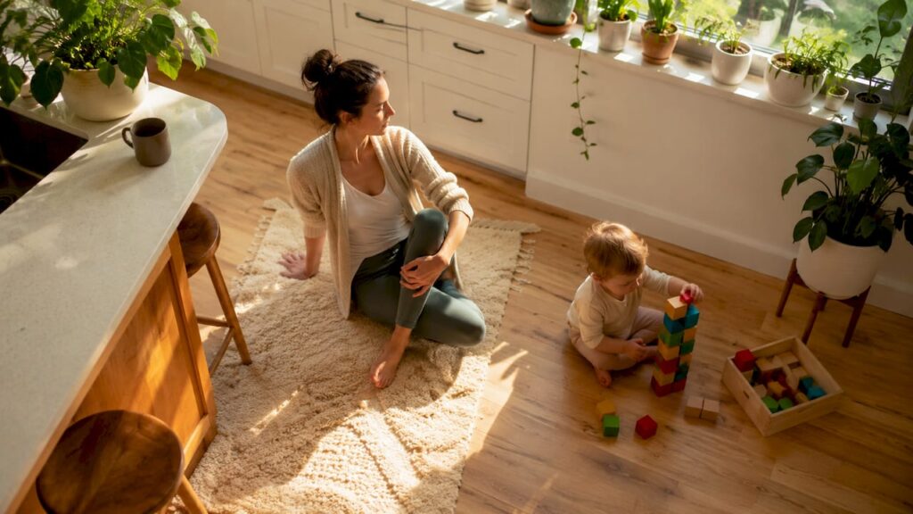 Mom stretching on living room floor with toddler