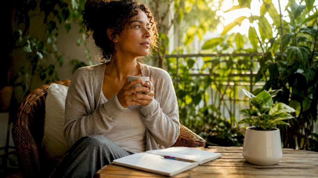 Woman calmly holding mug, sitting at kitchen table