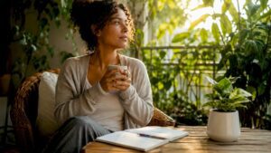 Woman calmly holding mug, sitting at kitchen table