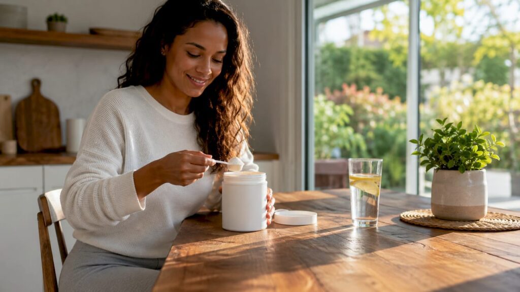 Mother measuring collagen peptide powder at kitchen table