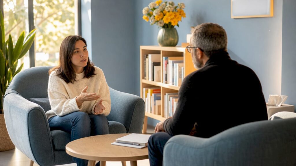 Adult woman engaged in self-esteem therapy session