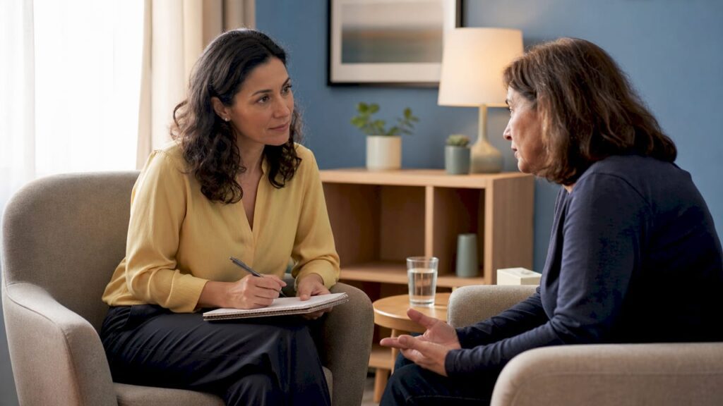 Counselor listening attentively to client in session