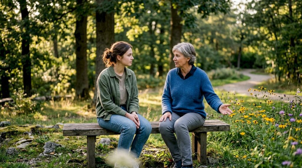 Woman receiving guided eco-therapy in forest