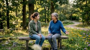 Woman receiving guided eco-therapy in forest