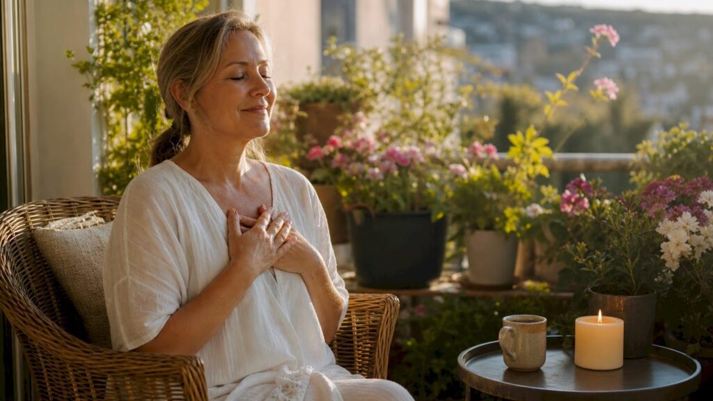 Woman meditating practicing self-compassion at home