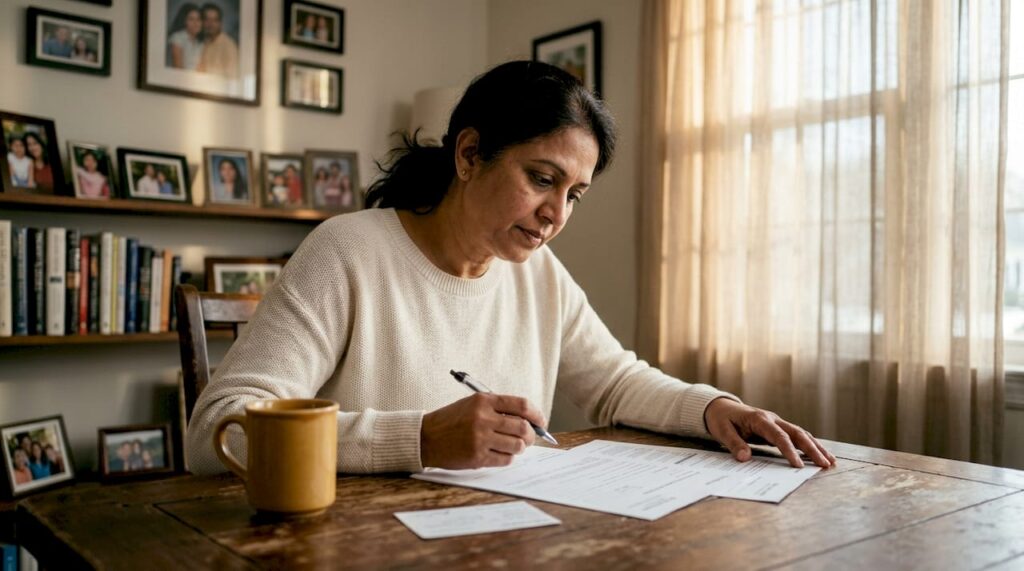 Parent reviewing child's therapy insurance papers