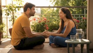 Couple sitting together holding hands calmly