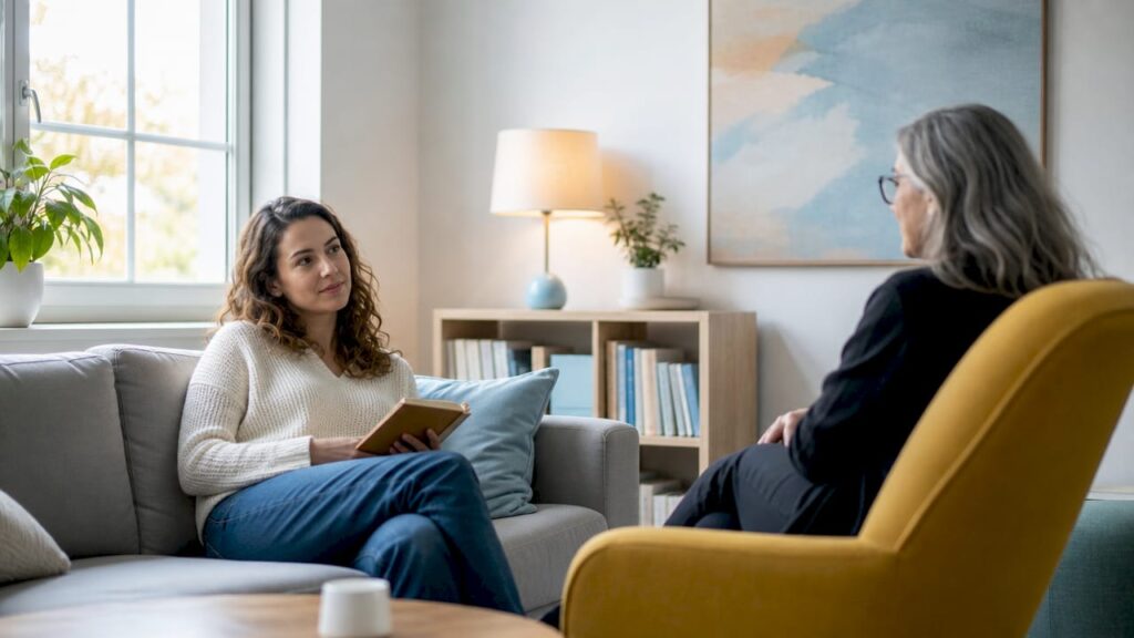 Client opening up to therapist in cozy room