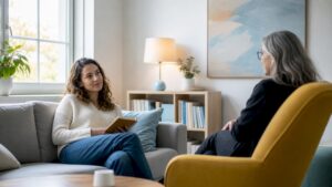 Client opening up to therapist in cozy room
